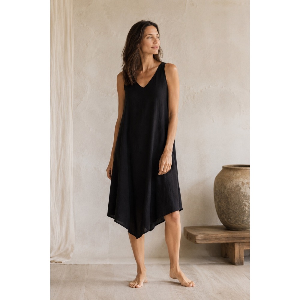 Eileen Fisher Handkerchief Hem Dress Women L Black V-Neck Tencel Asymmetrical